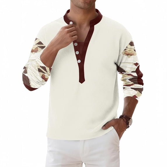 YueHuiYing Men's Casual Retro Print Long Sleeve Button Up T Shirt Lightweight Breathable Soft Top For Everyday Wear And Stylish Casual Outings