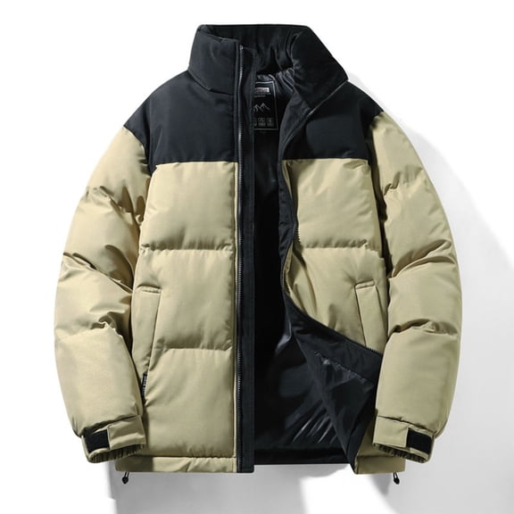 YueHuiYing Men's Casual Solid Color Block Jacket Stand Collar Long Sleeve Zip Up Loose Thickened Warm Winter Coat