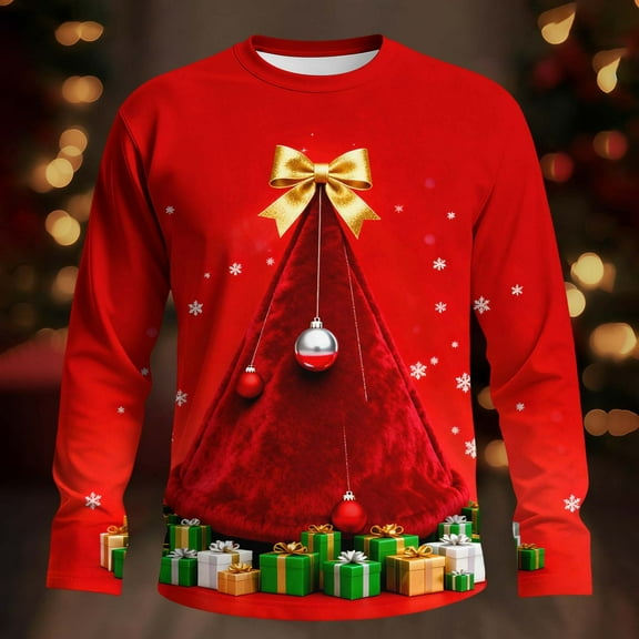 YueHuiYing Men's Christmas Printed Autumn Winter SeasonCasual Long Sleeved Round Neck Comfortable Breathable shirt