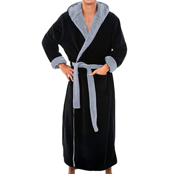 YueHuiYing Men's Color Blocked Home Strap Large Long Sleeve Hoodie Long With Bathrobe Pajama Sleeping Robe
