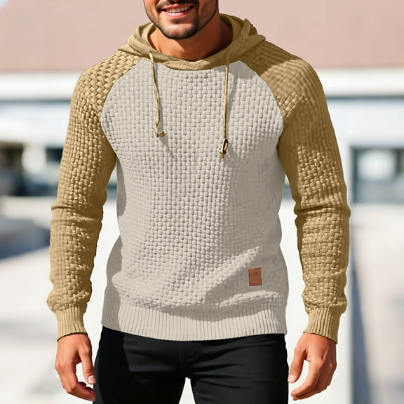 YueHuiYing Men's Color Blocked Long Sleeved Hooded Knitted Sweater Pullover Sweatshirt with Pocket