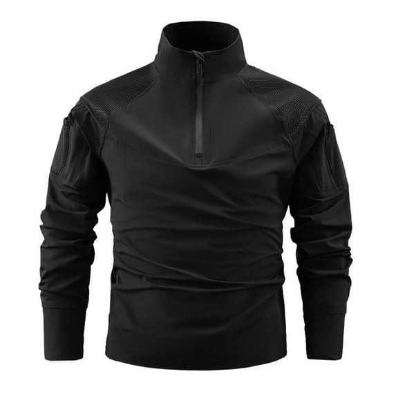 YueHuiYing Men's Color Blocked Long Sleeved Stand Up Collar Half Zipper Elastic Weekend Outings Soft Fabric Sports Workwear Top