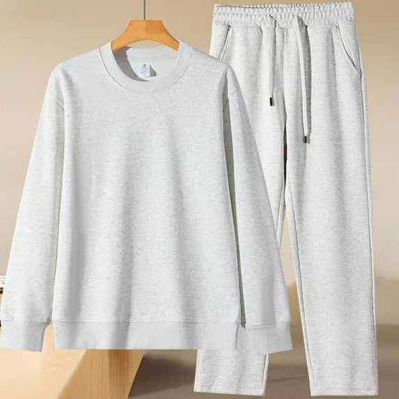 YueHuiYing Men's Crewneck Loungewear Set Solid Color Loose Casual Athletic Style Outdoor Wear Long Sleeve Shirts Sets