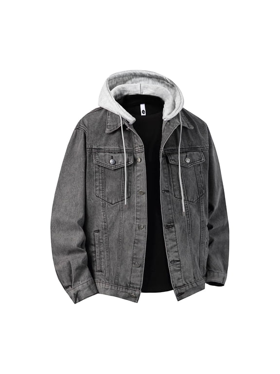 Men's Denim Hoodie Jacket Casual Long Sleeve Button Down Jeans Coat Windproof Hip Hop Trucker Hooded Gray M