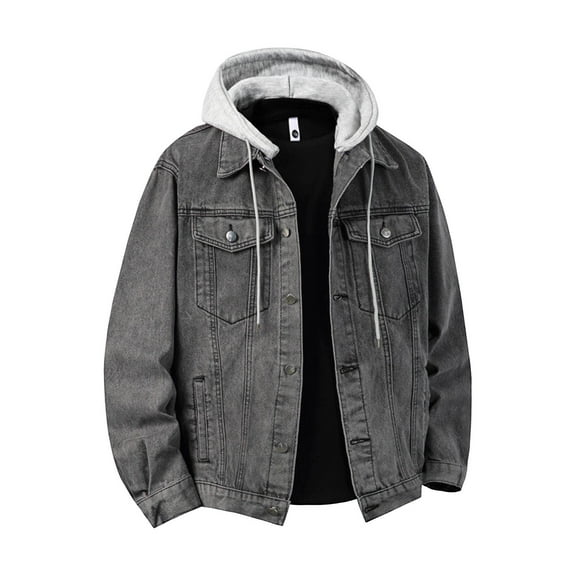 YueHuiYing Men's Denim Hoodie Jacket Casual Long Sleeve Button Down Jeans Coat Windproof Hip Hop Trucker Hooded Jackets