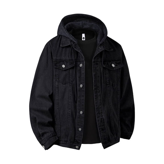 YueHuiYing Men's Denim Hoodie Jacket Casual Long Sleeve Button Down Jeans Coat Windproof Hip Hop Trucker Hooded Black 2XL