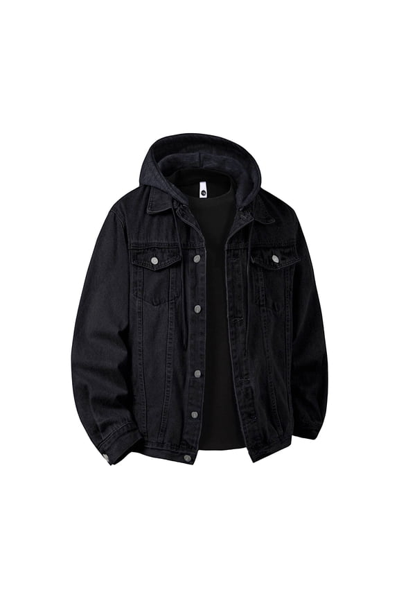Men's Denim Hoodie Jacket Casual Long Sleeve Button Down Jeans Coat Windproof Hip Hop Trucker Hooded Black XS