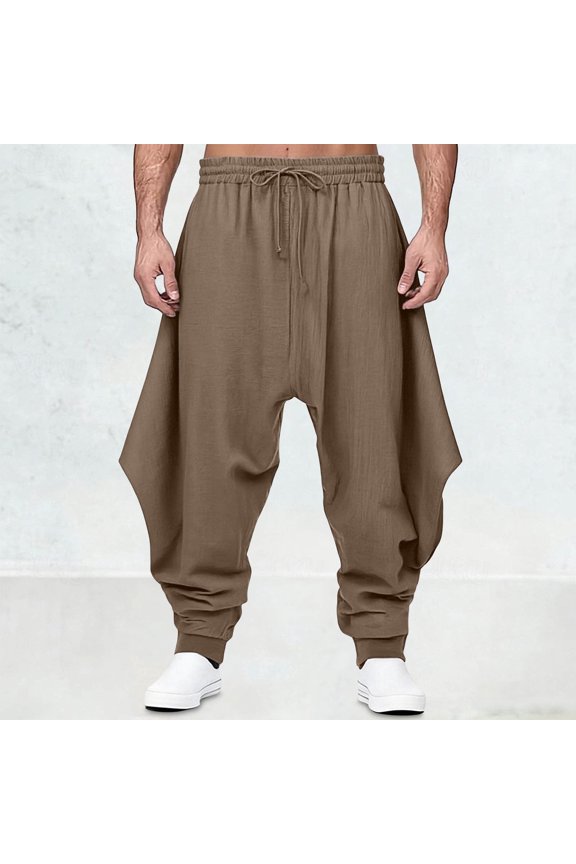 Men's Drop-Crotch Linen Pants 2026 Summer Casual Cinch-Bottom Lounge Pants Lightweight Elastic Waist Pant