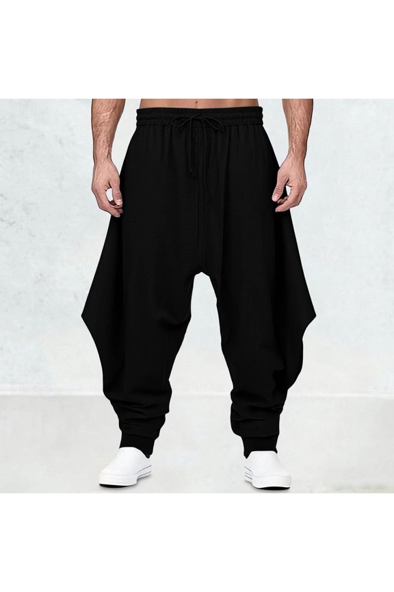 Men's Drop-Crotch Linen Pants 2026 Summer Casual Cinch-Bottom Lounge Pants Lightweight Elastic Waist Pant