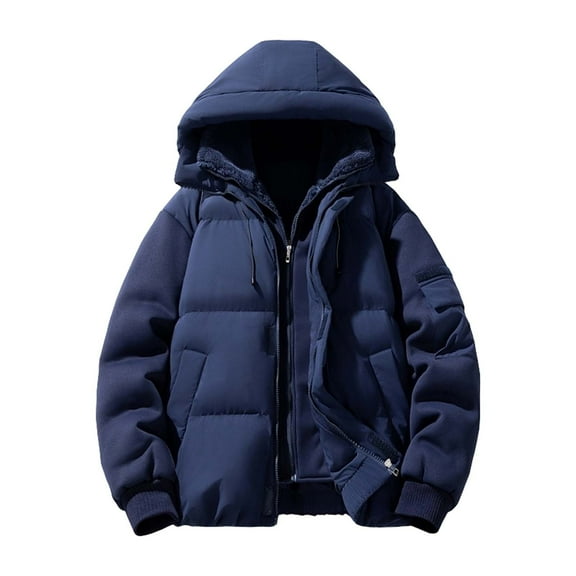 YueHuiYing Men's Fake Two-piece Thick Jacket - Solid Color, Long Sleeved & Hooded, Warm for Daily Casual Wear