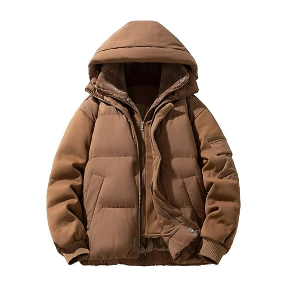YueHuiYing Men's Fake Two-piece Thick Jacket - Solid Color, Long Sleeved & Hooded, Warm for Daily Casual Wear