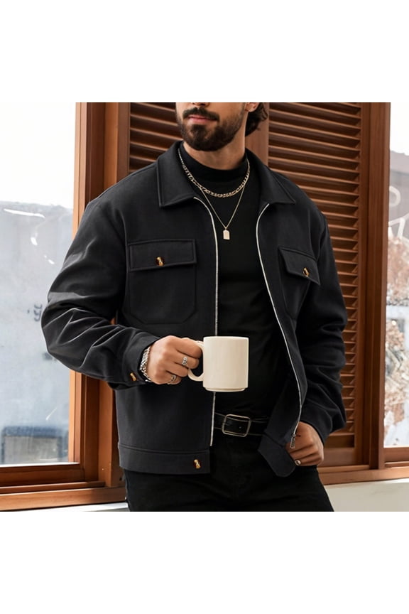 Men's Fall Winter Solid Color Woollen Cloth Lapel Long Sleeved Double Pockets Zipper Cardigan Coat