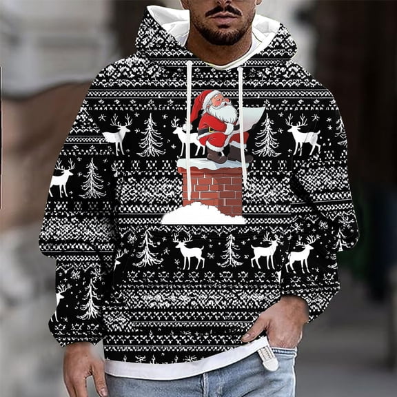 YueHuiYing Men's Fashion Christmas Print Hooded Long Sleeve Drawstring Pullover Casual Shirts With Pockets