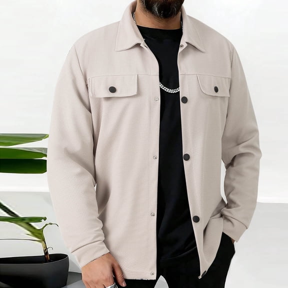 YueHuiYing Men's Fashionable Solid Color Long Sleeved Lapel Casual Button Up Breathable Lightweight Jacket