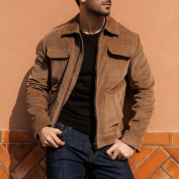 YueHuiYing Men's Lapel Corduroy Shacket with 4 Pockets (Chest & Side Slant) Work Jackets Casual Long Sleeve Shirt Jacket