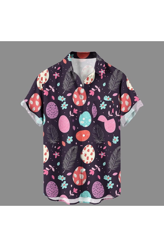 Men's Lapel Easter Bunny Print Short-Sleeve Button-Down Cardigan with Pockets Lightweight Soft Casual Holiday Party Vacation Wear
