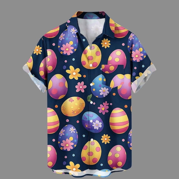 YueHuiYing Men's Lapel Easter Print Short-Sleeve Button-Down Cardigan with Pockets Lightweight Soft Casual Vacation Holiday Wear