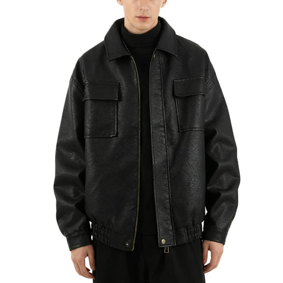 YueHuiYing Men's Lapel Leather Jacket Solid Color With Zipper Pockets Stylish Long Sleeve Biker Coat Casual Outwear Jackets