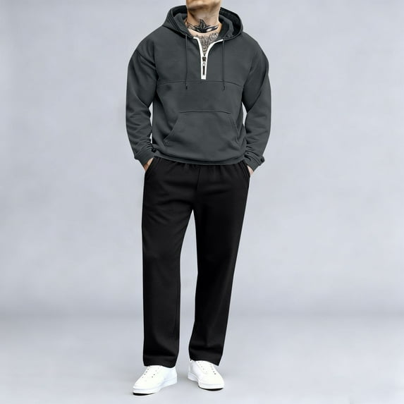 YueHuiYing Men's Long Pants Set Solid Color Casual Work Pants Sports Set Long Sleeved Hooded Set