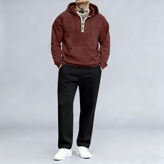 YueHuiYing Men's Long Pants Set Solid Color Casual Work Pants Sports Set Long Sleeved Hooded Set