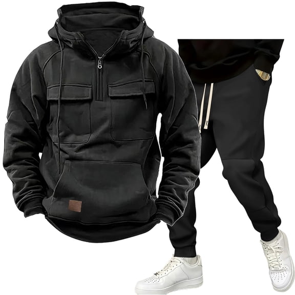 YueHuiYing Men's Long Set Solid Color With Casual Sweatshirt Work Pants Sports Set Long Sleeved Hooded Set