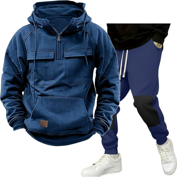 YueHuiYing Men's Long Set Solid Color With Casual Sweatshirt Work Pants Sports Set Long Sleeved Hooded Set