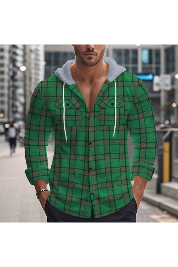 Men's Loose Tartan Casual Jacket | Long-Sleeve, Hooded with Drawstring, Buttoned Pockets | Cotton-Blend Fabric for Daily & Dating