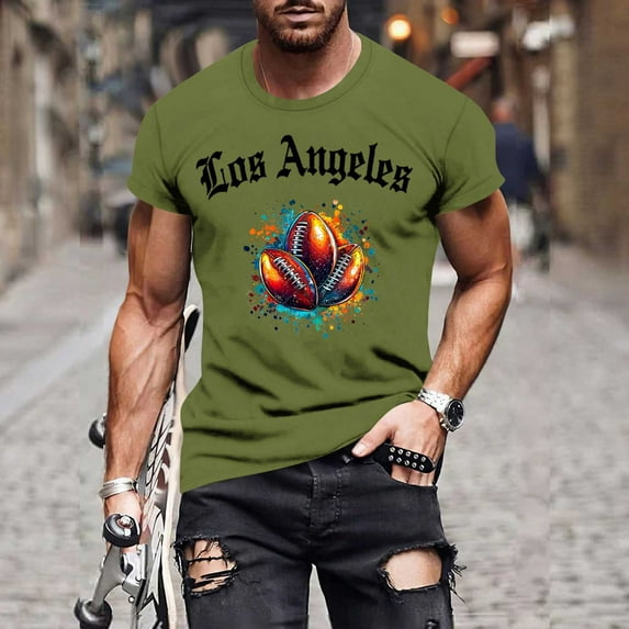 YueHuiYing Men's Los Angeles Graphic Print Muscle Fit T-Shirt - Short Sleeve Crew Neck Soft Cotton Blend Top for Casual Sports & Gym Wear