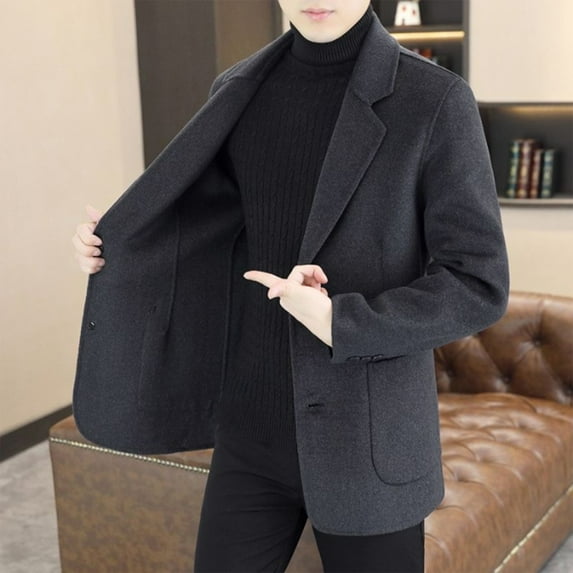 YueHuiYing Men's Notch Lapel Double Breasted Peacoat - Warm Winter Business Overcoat for Office Work Daily Commute