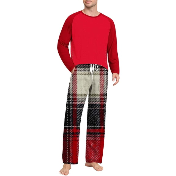YueHuiYing Men's Pajamas Set 2 Piece Long Sleeve T-Shirt Loungewear Long Plaid Pants with Pocket