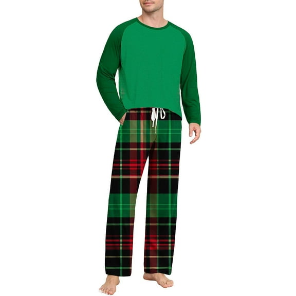 YueHuiYing Men's Pajamas Set 2 Piece Long Sleeve T-Shirt Loungewear Long Plaid Pants with Pocket