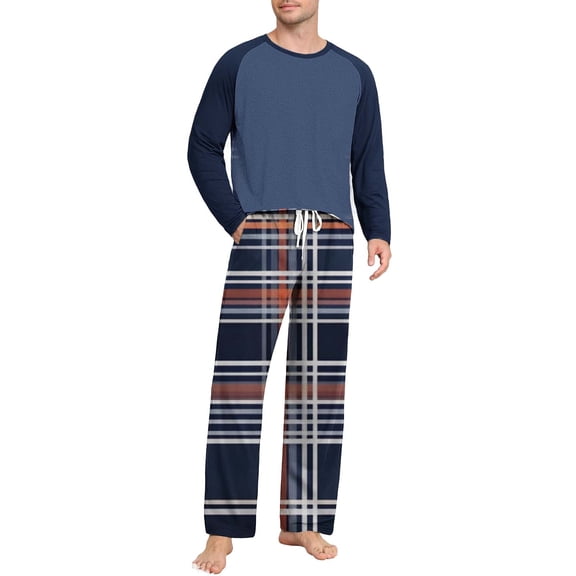 YueHuiYing Men's Pajamas Set 2 Piece Long Sleeve T-Shirt Loungewear Long Plaid Pants with Pocket