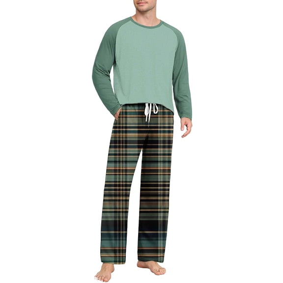 YueHuiYing Men's Pajamas Set 2 Piece Long Sleeve T-Shirt Loungewear Long Plaid Pants with Pocket