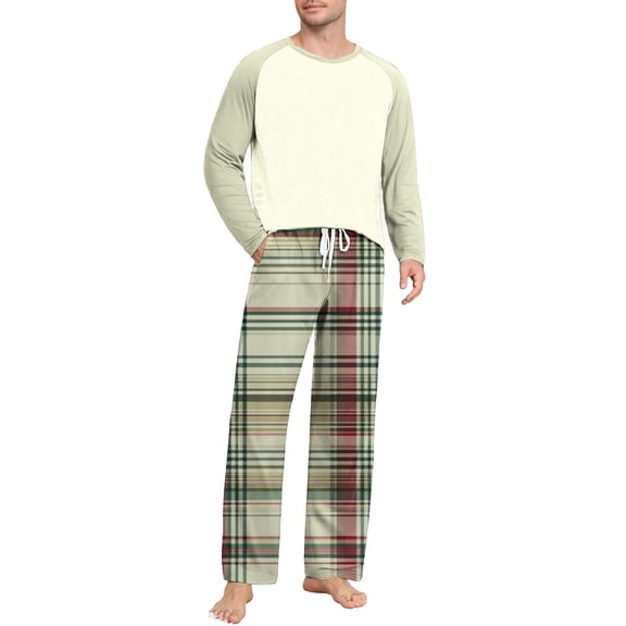 YueHuiYing Men's Pajamas Set 2 Piece Long Sleeve T-Shirt Loungewear Long Plaid Pants with Pocket