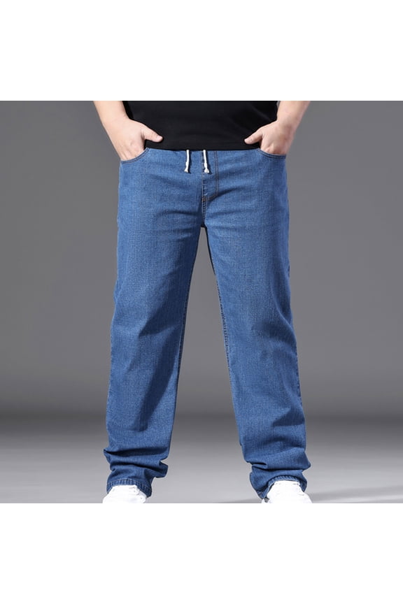 Men's Plus Size Solid Color Straight-Leg Elastic Waist Drawstring Multi-Pocket Relaxed Wide-Leg Jeans
