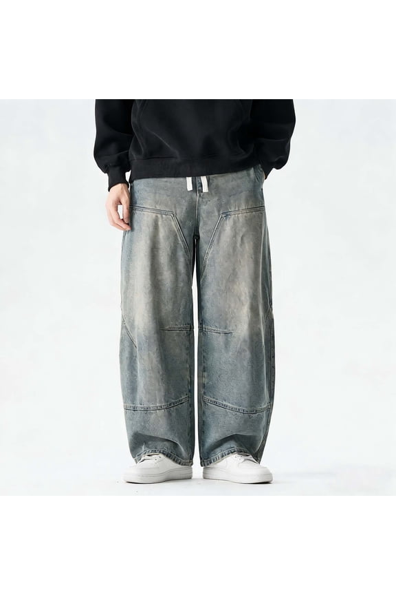 Men's Regular Fit Straight Leg Jeans Casual Drawstring Elastic Waist Denim Pants Lightweight Carpenter Jean