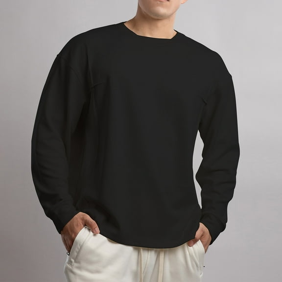 YueHuiYing Men's Solid Color Athletic Casual Long Sleeve Top Round Neck Thick For Gym Daily Wear Versatile Matching Blouses