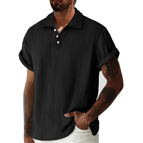 YueHuiYing Men's Solid-Color Button-Front Knit Jacquard Collar Short-Sleeve T-Shirt Top Summer Vacation Beach Shirt