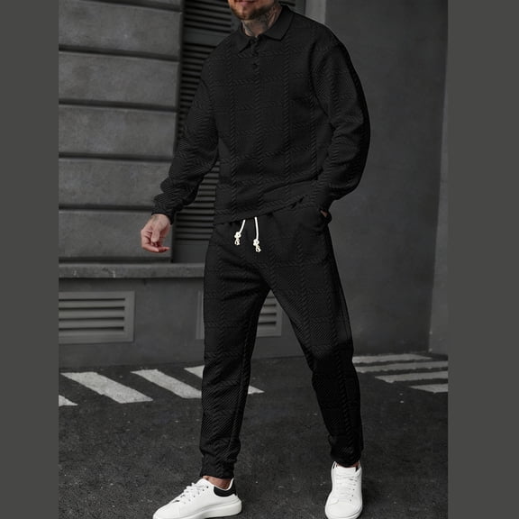 YueHuiYing Men's Solid-Color Casual Loose Sports Corduroy Pocket Drawstring Long Pants Button Long Sleeve Turndown Collar Top Sets