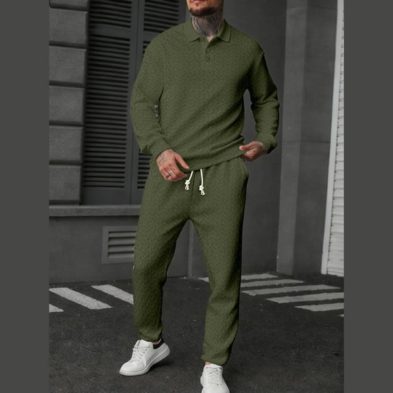 YueHuiYing Men's Solid-Color Casual Loose Sports Corduroy Pocket Drawstring Long Pants Button Long Sleeve Turndown Collar Top Sets