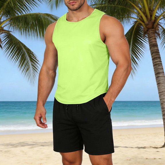 YueHuiYing Men's Solid Color Casual Running Fitness Sports Drawstring Shorts Round Neck T Shirt Two Piece Set Casual Beach Outfit