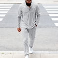 thumbnail image 1 of YueHuiYing Men's Solid-Color Casual Sporty Round-Neck Button Stand-Up Collar Long Sleeved Top Pocket Drawstring Long Pants Two Piece Set, 1 of 9