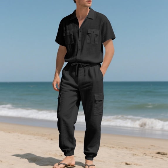 YueHuiYing Men's Solid Color Collared Button Down Short Sleeve Shirt Casual Elastic Waist Drawstring Pocket Pants Two Piece Set