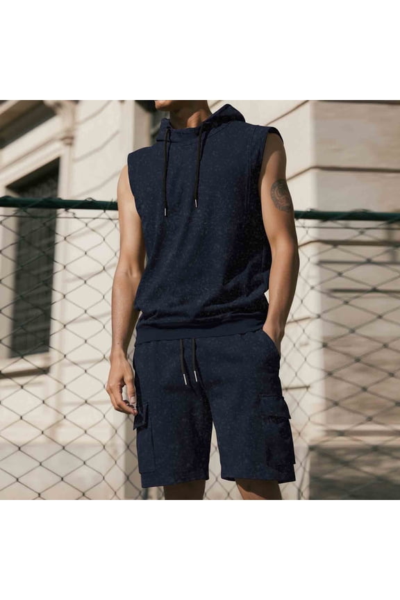 Men's Solid Color Distressed Casual Loose Waistband Drawstring Cargo Shorts Sleeveless Hooded Pullover Jacket Two Piece Set