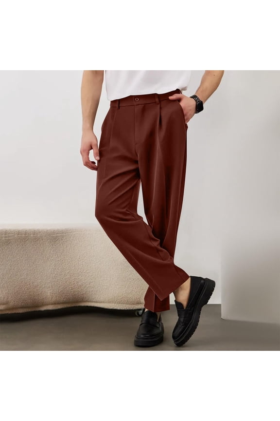 Men's Solid-Color Fashion Casual Slant-Pocket Front-Pleated Straight-Leg Trousers with Elastic Waistband and Dropped-Crotch Fit