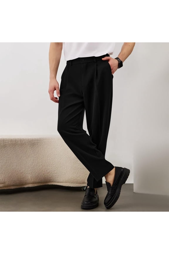 Men's Solid-Color Fashion Casual Slant-Pocket Front-Pleated Straight-Leg Trousers with Elastic Waistband and Dropped-Crotch Fit