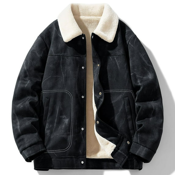 YueHuiYing Men's Solid-Color Lapel Corduroy Pocket Snap Thickened Coat Long Sleeve Hoodless Casual Outwear Jackets