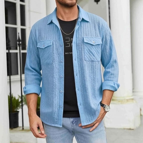 YueHuiYing Men's Solid Color Long Sleeve Button Down Shirt With Chest Pockets Casual Collared Cardigan Style Top For Daily Wear And Outdoor Activities