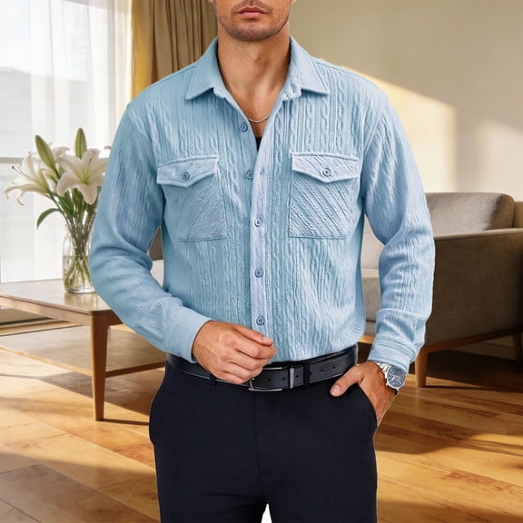 YueHuiYing Men's Solid Color Long Sleeve Button Down Shirt With Chest Pockets Casual Collared Cardigan Style Top For Daily Wear And Outdoor Activities