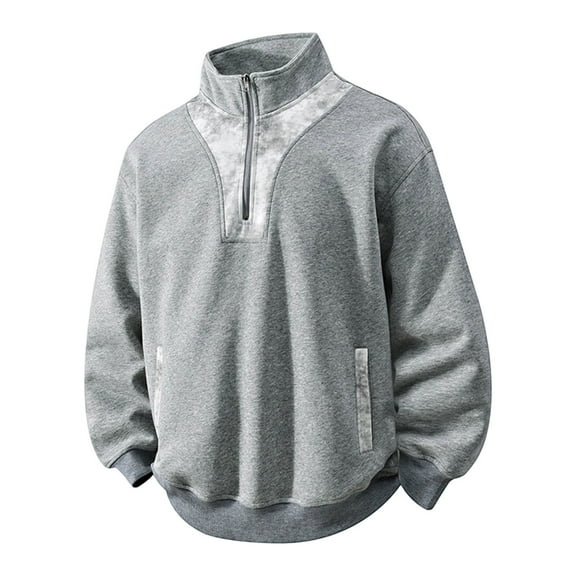 YueHuiYing Men's Solid Color Long Sleeve Stand-Up Collar Semi-Zippered Kangaroo Pocket Pullover Sweatshirt